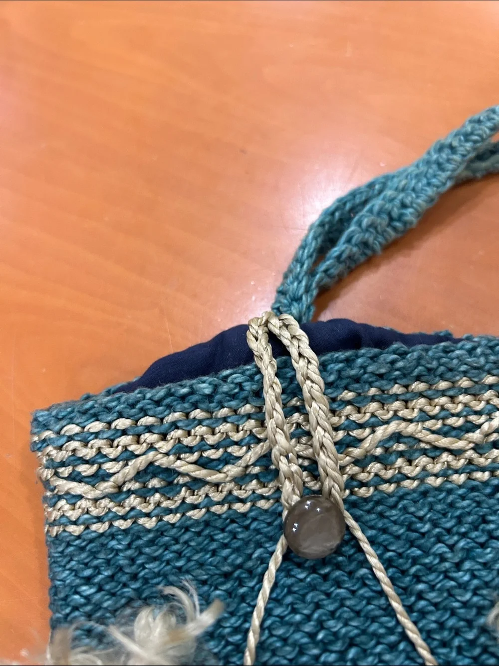 Teal and Cream Handwoven Tassel Wristlet Bag